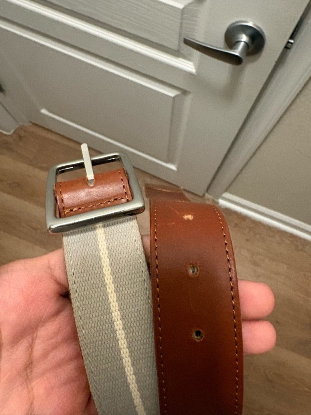 Vineyard Vines Brown Leather & Gray Canvas Belt with Cream Stripe